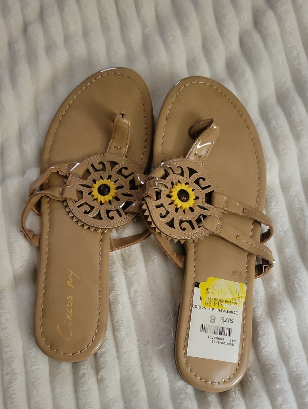 Tan Floral Medallion Toe-Post Sandals with Yellow Accent
